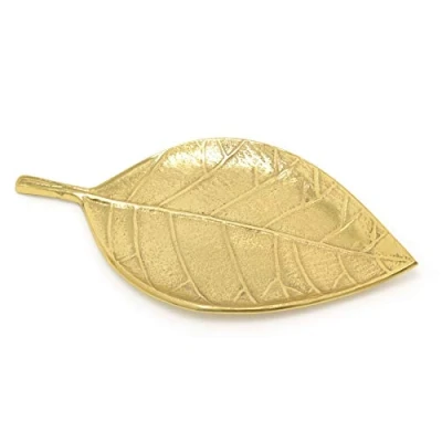 Image of Elegant Gold Metal Leaf Decorative Tray Aluminium Storage Display Vanity Botanical Plate
