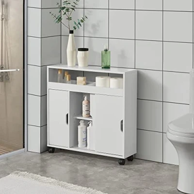 Image of [en.casa] Bathroom cabinet Lumijoki Chest of drawers White with sliding door storage Multi purpose Niche castors
