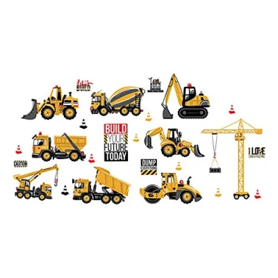 Image of ufengke Construction Vehicle Wall Stickers DIY Tractor Excavator Crane Decals Art Decor for Kids Boys Nursery Bedroom