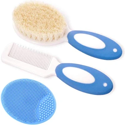 Image of Baby Hair Brush and Comb Set for Newborns &amp; Toddlers Natural Soft Goat Bristles Ideal Cradle Cap Perfect Registry Gift (Blue)