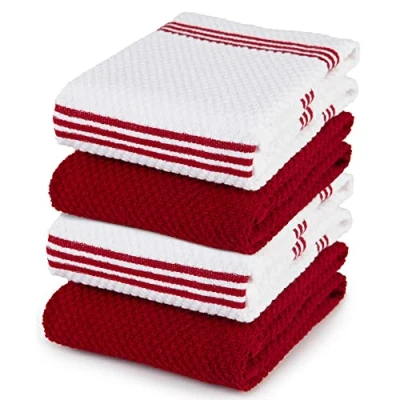 Image of Sticky Toffee 100% Cotton Terry Tea Towel Red Plain &amp; Stripe Pattern, Pack of 4 Kitchen Set Absorbent, Strong, Quick Dry Machine Washable Home Bathroom Accessories