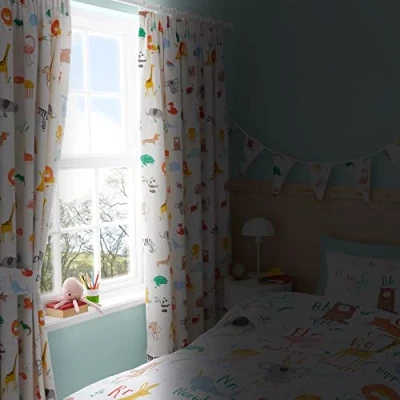 Image of Happy Linen Company Girls Boys Animal Alphabet Educational White 66&quot; x 54&quot; Ring Track Pole Fully Lined Thermal Blackout Pencil Pleat Curtain Set