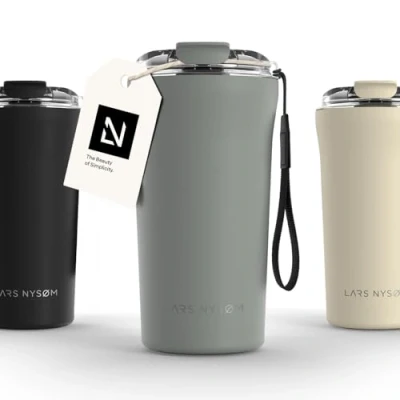 Image of LARS NYSØM Thermo Coffee Mug to Go with Strap 17oz Travel 0.5 Liter Insulation Leak Proof Stainless Steel Thermal for and Tea (Ash Gray, 500ml)