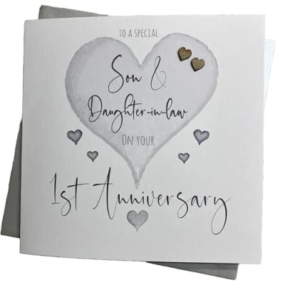 Image of white cotton cards XLLa1SD Large&quot;to a Special Son &amp; Daughter in Law 1 on Your First Anniversary&quot; Handmade Card