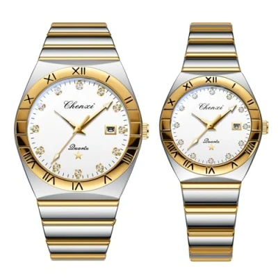Image of JewelryWe Pair of Watches Luminous Partner Watch: 2pcs 30m Waterproof Calendar Analogue Quartz Couple Wristwatch Stainless Steel Band Friendship Watch with Roman Numerals Rhinestone Scale &amp; White