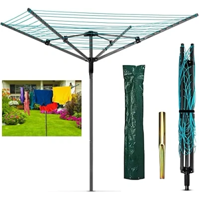 Image of 50M Rotary Aluminium &amp; Powder Coated Washing Line With 4 Arm Garden Outdoor Laundry Drying Heavy Duty Folding Clothes Airer Ground Spike Cover (Powder Coated, Spikes Cover)