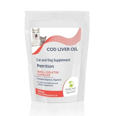 Image of Cod Liver Oil 550mg for Pets with Vitamin A and D3 Omega 3 EPA DHA Fish 30 Capsules Petrition Dogs Cats