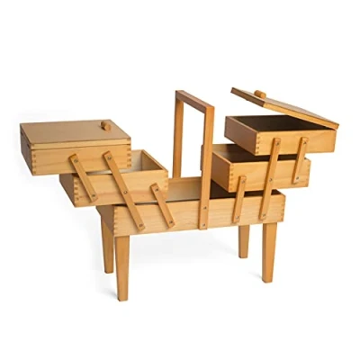 Image of Hobby Gift Cantilever Sewing Crafting Storage Box, Wood, Light Shade Wooden, 21.2 x 41.9 44.7cm (Open 75 44.7cm)