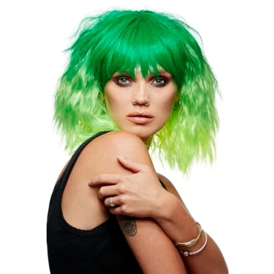 Image of Smiffys Official Manic Panic® Venus Envy™ Trash Goddess™ Wig, Midlength Wavy Heat Styleable with Adjustable Cap in Green Ombre Colours. Crimped Style for a lush, captivating look