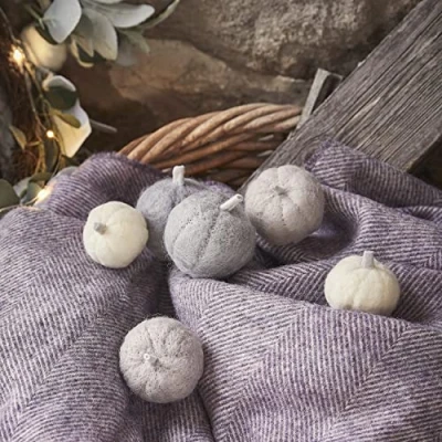 Image of Lights4fun Set of 6 Autumn Halloween Grey &amp; White Felt Pumpkin Table Decorations Indoor Use