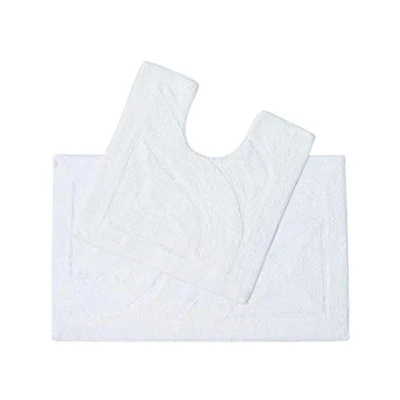 Image of HOMESCAPES Luxury 2 Piece Bath Mat Set 50 x 80 cm and 55 White 100% Cotton Bathroom Pedestal Machine washable Rugs in First Class Quality