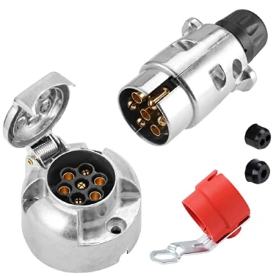 Image of SPARKMOTO 7 Pin Trailer Metal Plug Socket,12V Socket Aluminium Pole Male Female With Red Holder 7pin Caravan RV (Screw Cap)