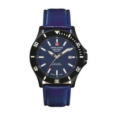 Image of Swiss Alpine Military Men&#039;s Watch Analogue Quartz 7022.1 Leather, Blue/Black/Blue 1575sam, Strap.