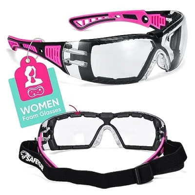 Image of Safeyear Anti fog Ladies Pink Safety Glasses SG010 EN166 Wraparound Goggles, UV Protective PPE Airsoft Women, Infield Mesh Plastic Goggles for DIY