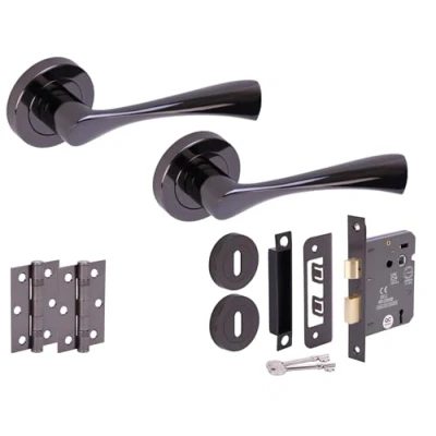 Image of HANDLEZONE® Zena Door Handles on Rose 3 Lever Lock Pack with Ball Bearing Hinges Black Nickel