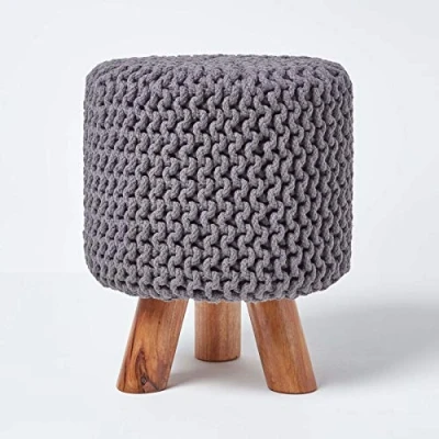 Image of HOMESCAPES Sea Grey Cotton Knitted Pouffe Footstool with Wooden Legs 32 x 42 cm