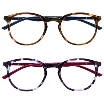 Image of OPULIZE Met Reading Glasses 2 Pack Slim Round Frame Scratch Resistant Spring Hinges Brown Purple Blue Arm Mens Womens RR60 25 +2.50