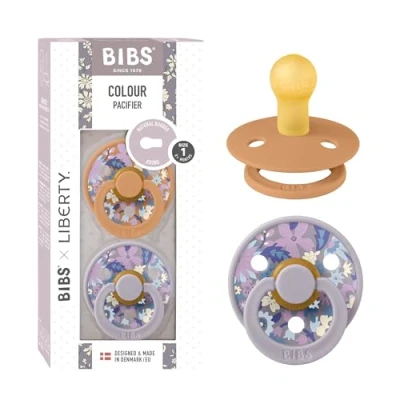 Image of BIBS Liberty Pacifier 2 Colour Natural Rubber Latex Soothers Size 1 (0 6 Months) BPA Free Dummy Round Nipple Designed &amp; Made in Denmark June Blossom Pumpkin Mix