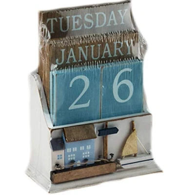 Image of Nautical Wooden Perpetual Calendar Desk Top Eternal Blocks Boat House