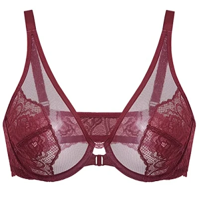 Image of DOBREVA Women&#039;s Lace See Through Bra Front Closure Unlined Underwire Plus Size Minimizer Dark red 38D