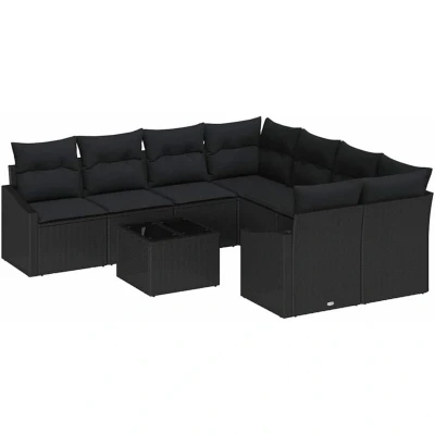 Image of vidaXL 9 Piece Garden Dining Set with Cushions Black Poly Rattan