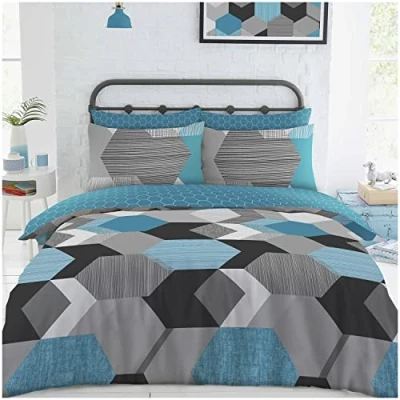 Image of GC GAVENO CAVAILIA Super Soft Honeycomb Duvet Quilt Cover Set, Reversible Geometric Complete Bedding Set King With Fitted Bed Sheet, Blue