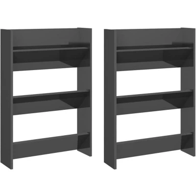 Image of vidaXL Wall Shoe Cabinets 2 pcs High Gloss Grey 60x18x90 cm Engineered Wood