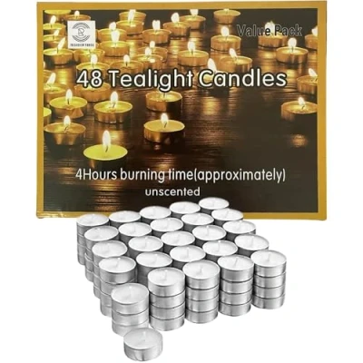 Image of REQUISITE NEEDS Tea Lights 4 Hour Long Burn Night Unscented Light Candles[Pack of 48]