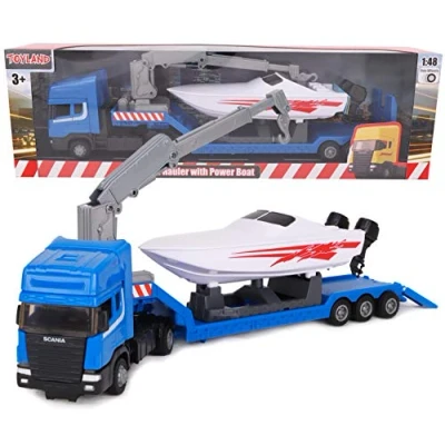 Image of Toyland® Scania Flatbed Hauler Transporter Truck With Power Boat 1:48 Scale Diecast Free Wheel (Blue Truck)