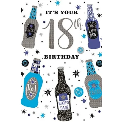 Image of Age 18 Male Birthday Card Blue and Silver Foil Beer Bottles 18th 9&quot; x 6&quot;