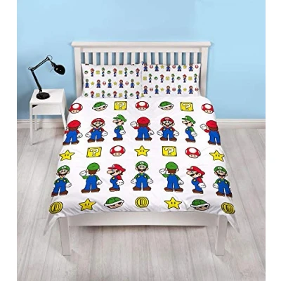 Image of Official Super Mario Double Duvet Cover Design Reversible Two Sided &amp; Luigi White Bedding With Matching Pillow Case