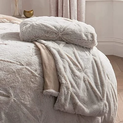 Image of Sleepdown Luxury Ruched Pleat Faux Fur Natural Throw Over Sofa Super Soft Warm Cosy Bed Blanket Bedspread With Sherpa Reverse 150cm x 200cm