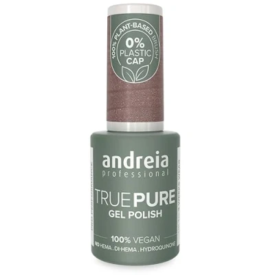Image of Andreia Professional Hema Free Gel Polish TRUE PURE 21 and 100% Vegan for Sensitive Nails Semi Permanent UV LED Soak Off Nail Varnish Colour T42 Taupe with Gold Shimmer 10.5ml
