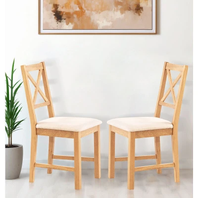 Image of Hallowood Furniture Solid Oak Small Dining Chairs Set of 2 with Linen Fabric Seat Pad, Wooden Chairs, Modern Cross Back Kitchen for Room (Natural Beige)