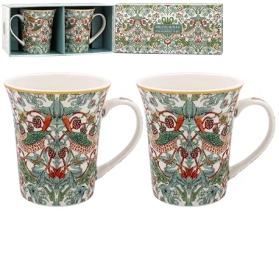 Image of Lesser &amp; Pavey William Morris White Strawberry Thief Lovely Floral Design Ceramic Mug Set of 2 or 4 Matching Mugs with Gift Box (2)
