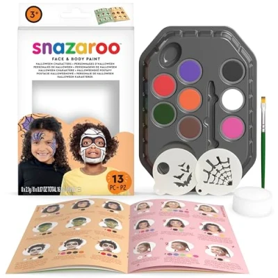 Image of Snazaroo Halloween Face Painting Palette Kit for Kids &amp; Adults, 8 Colours, 13pcs, Stencils, Brush, Sponge, Guide, Water Based, Easily Washable, Non Toxic, Makeup, Body Parties