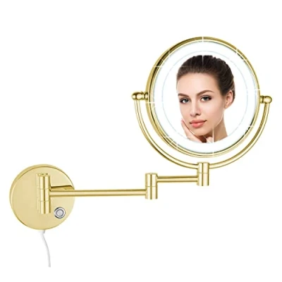 Image of DOWRY Wall Mounted Magnifying Mirror with Light 5x Gold Extendable LED Illuminated Shaving 360 Rotatable Double Sided Mirror,Ø20cm