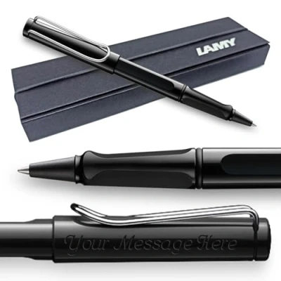 Image of Lamy Safari Rollerball Pen with personalized engraving. Ergonomic grip, medium line width, robust ASA plastic, includes blue M 63 refill, and comes gift boxed. (Glossy Black)