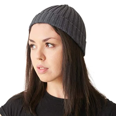 Image of CHARM Casualbox Mens Fisherman&#039;s Beanie 100% Cotton Womens Knit Cap Classic Design Simple Ribbed Slouch Hat Dark Grey(Size: One Size)