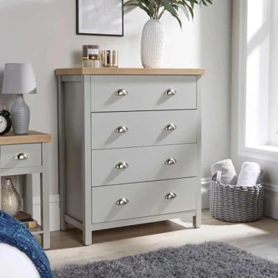 Image of Home Source Wide Chest Clothing Storage Unit, 4 Drawers, Grey, Sonoma Oak Effect, MDF