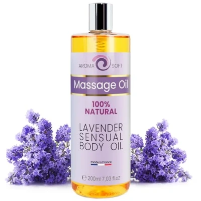 Image of 100% Natural Lavender and Grapeseed Body Massage Oil Aromatherapy Spa Experience at Home Skin Moisturizer Pain Relief Stress Reliever Sensual Aroma, 200ml