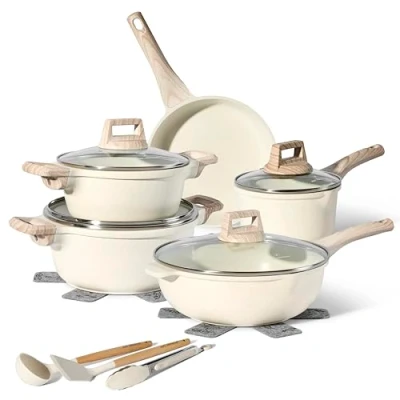 Image of JUST PERFECTO Induction Pan Set with Lid 24 cm, Frying 28 cm Cooking Pot Non Stick without PTFE and Pfoa (14 Piece Beige)
