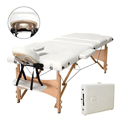 Image of Vesgantti Portable Massage Bed Table 3 Section Foldable Beauty Couch for Reiki Therapy Treatment Salon Healing Metal Headrest Support/Carry Bag (Beige White)