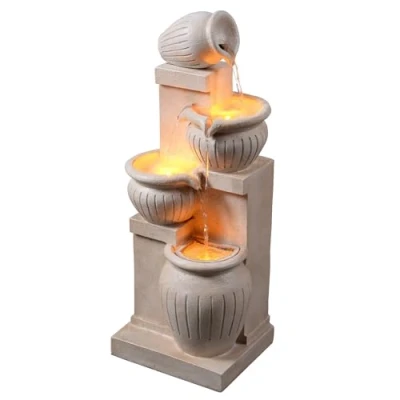 Image of Garden Outdoor Water Feature Solar Powered 4 Tier Cascading Bowl Fountain With led Lights Natural Finish Teamson Home