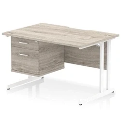 Image of Impulse 1200 x 800mm Scalloped Edge Office Desk Grey Oak Top White Cantilever Leg Workstation 1 2 Drawer Fixed Pedestal