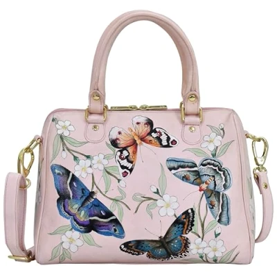 Image of Anuschka Women&#039;s Hand Painted Genuine Leather Zip Around Classic Satchel Butterfly Melody