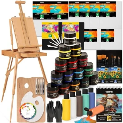 Image of VISWIN Deluxe Acrylic Painting Set, Art Kit with Upgraded French Easel, 15 Colors Paints(3.38fl.oz/100ml), 8 Pouring Paint Set(4fl.oz/120ml), for Adults, Beginners, and Artists