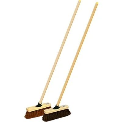 Image of Twin Pack Wooden Sweeping Brooms Bassine Stiff Outdoor and Soft Coco Brush with Handles 10&quot;