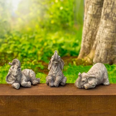 Image of Garden Mile 3pc African Elephants Ornaments Outdoor Hand Painted Weatherproof Resin Statue and Sculpture for Pond, Patio, Garden, Living Room, Bedroom, Shelf Decoration, Indoor