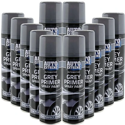 Image of All Purpose Automotive Spray Paint 250ml Can Grey Primer Finish Aerosol Metal Interior Exterior Fast Dry Excellent Coverage Adhesion 12 Pack